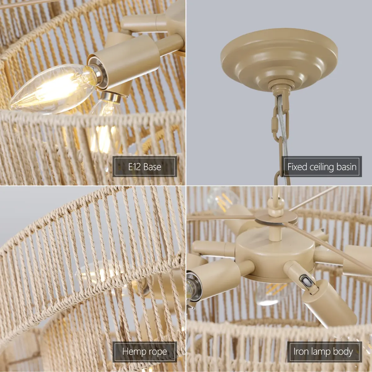 Rope chandelier, 19.7 in, wood, manufacturer image 3
