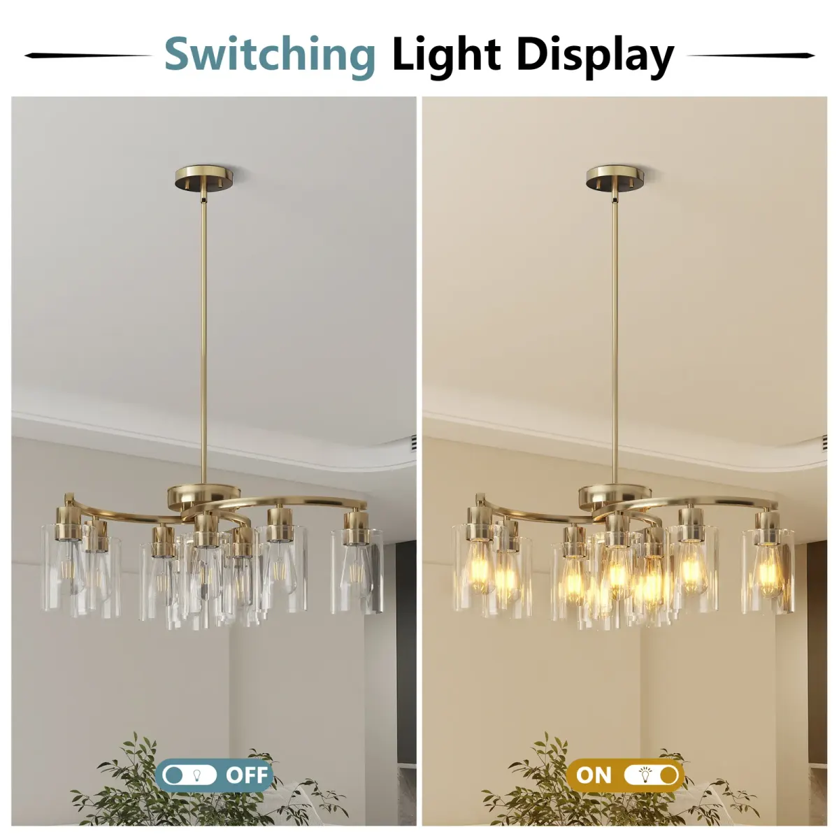 9-light clear glass chandelier, gold, view 6