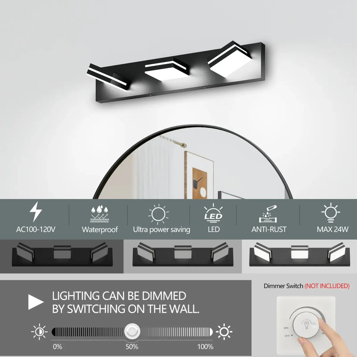 Minimalist LED vanity bar, 3 lights, black, manufacturer image 2