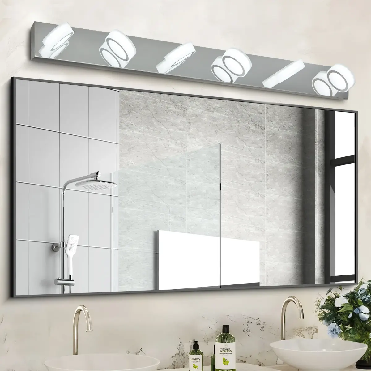 Acrylic shade vanity bar, 6 lights, chrome