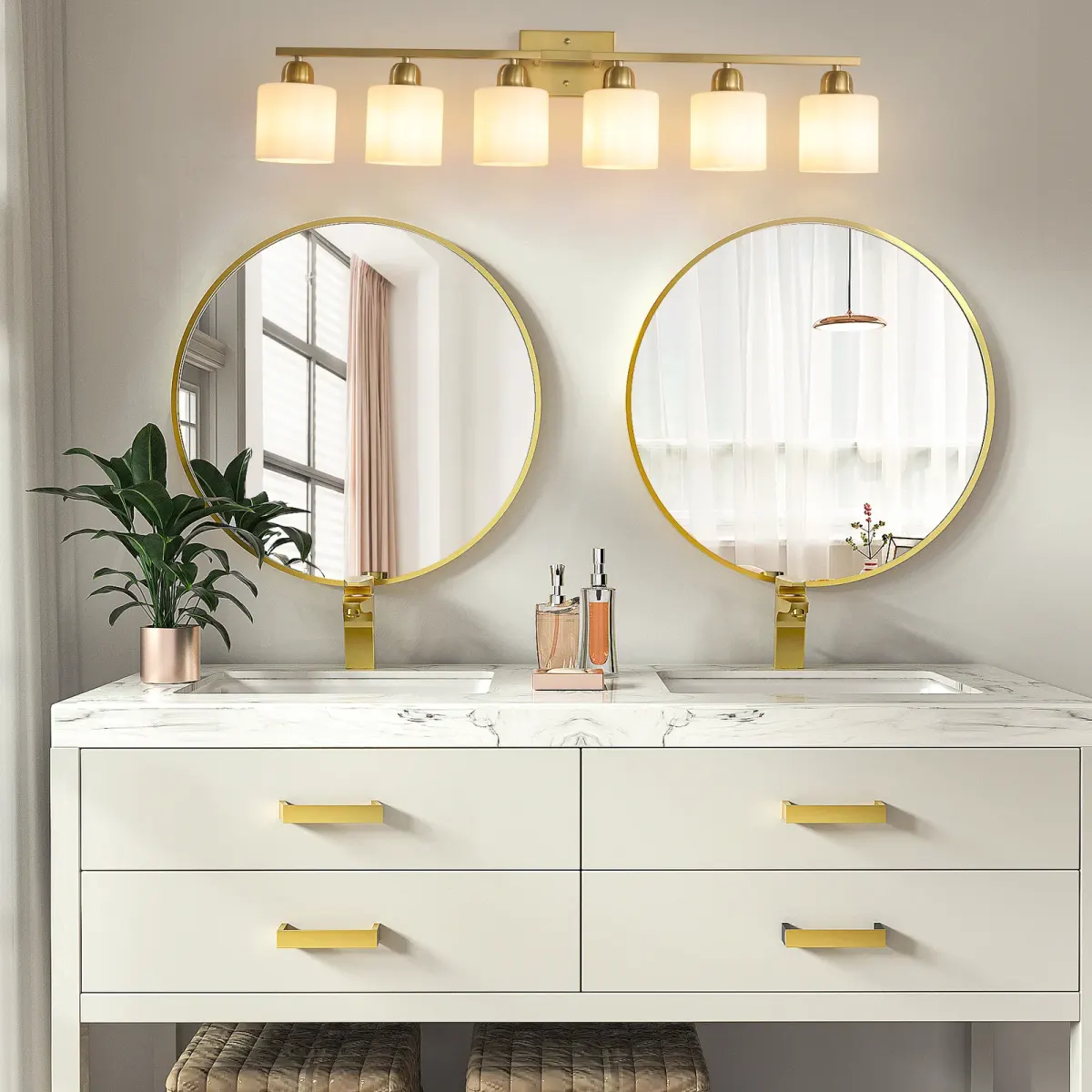 Frosted glass vanity bar, 6 lights, copper tone, view 3