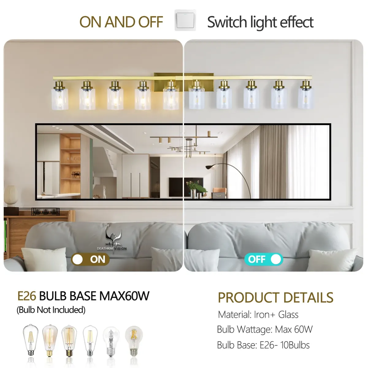 Clear glass vanity bar, 10 lights, gold, manufacturer image 2