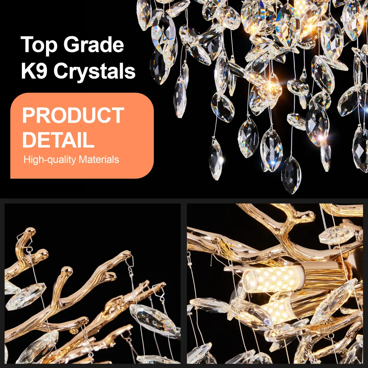 7-light crystal branch chandelier, gold, manufacturer image 1
