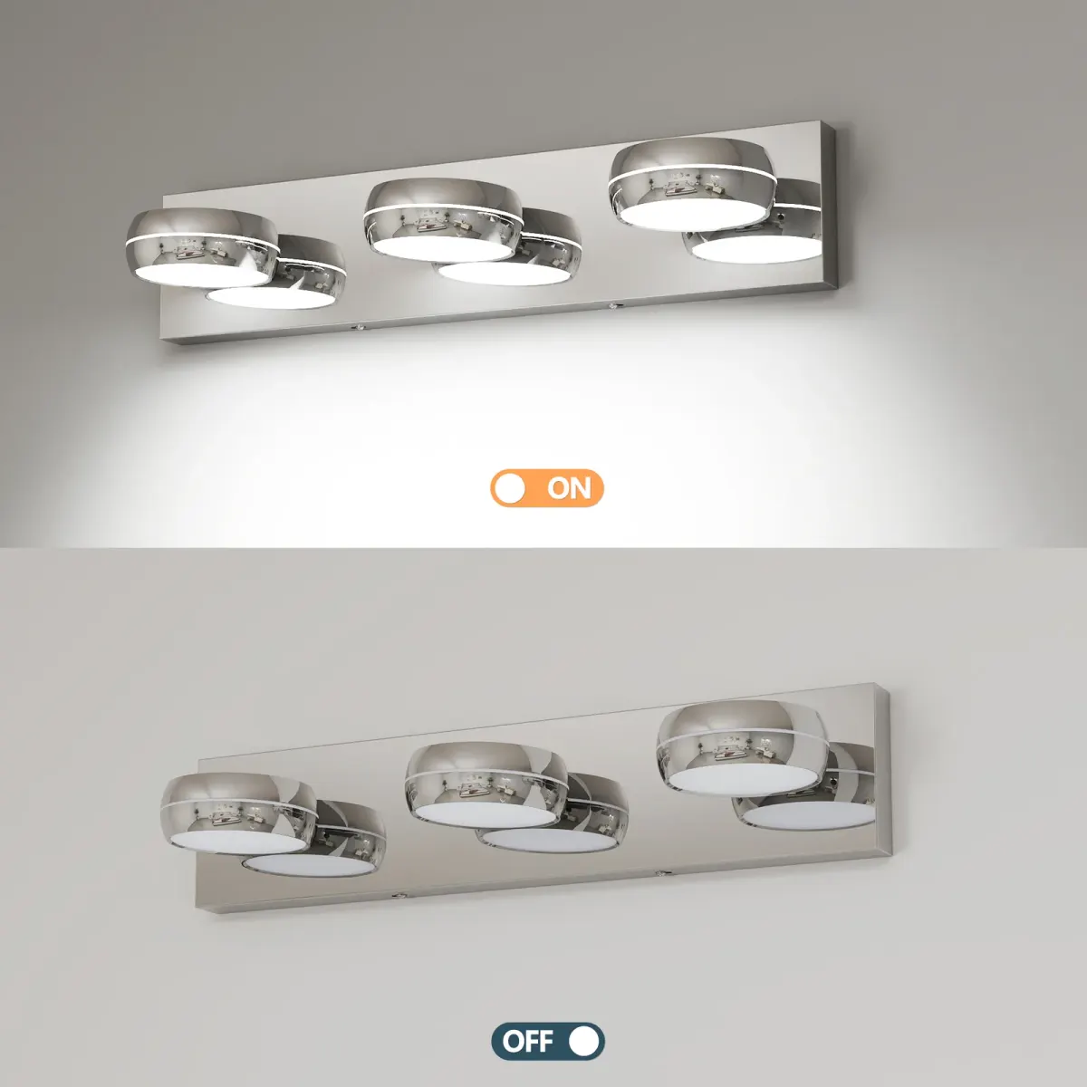 Swivel-head LED vanity light, 3 lights, chrome, view 3