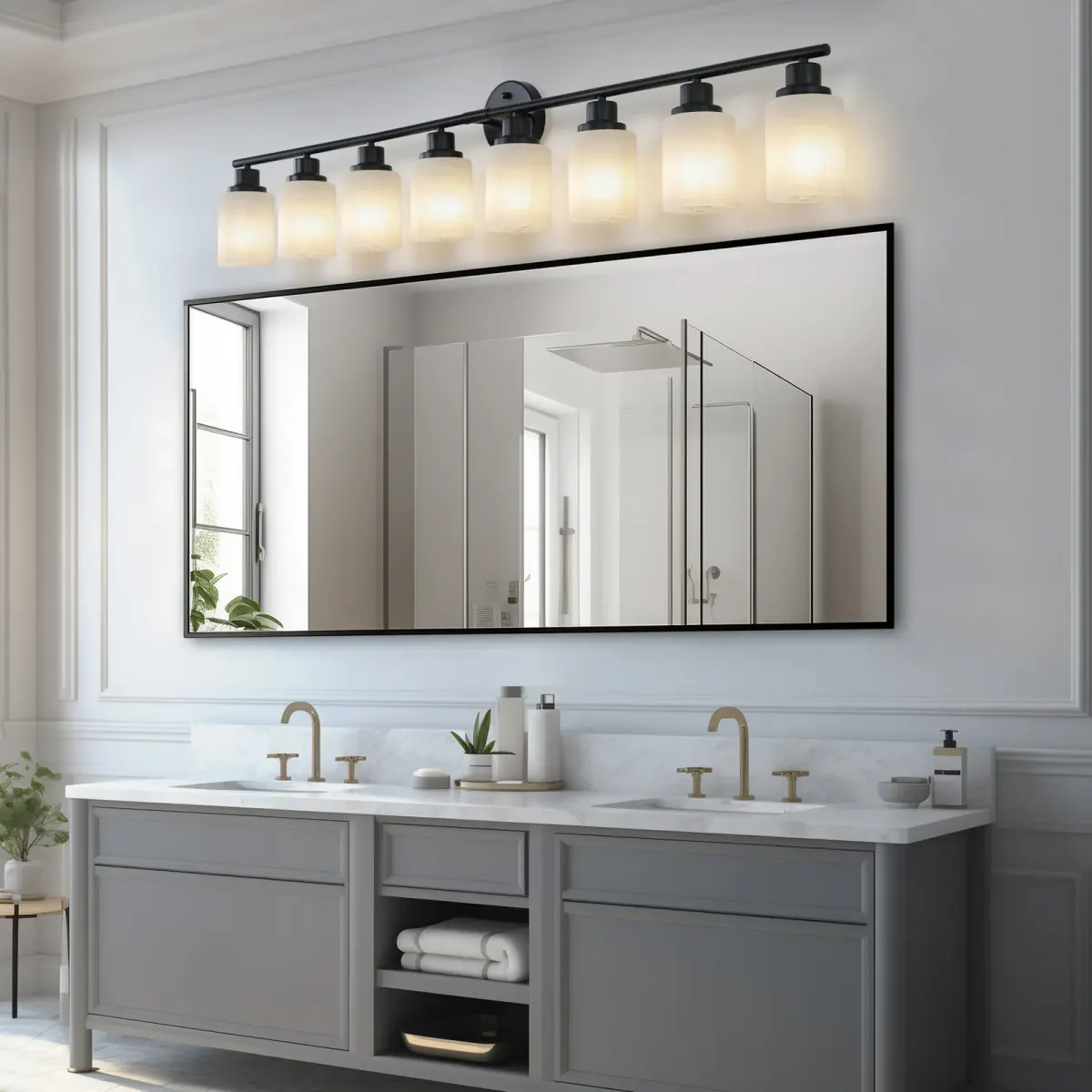 Frosted glass vanity sconce, 8 lights, black, view 2