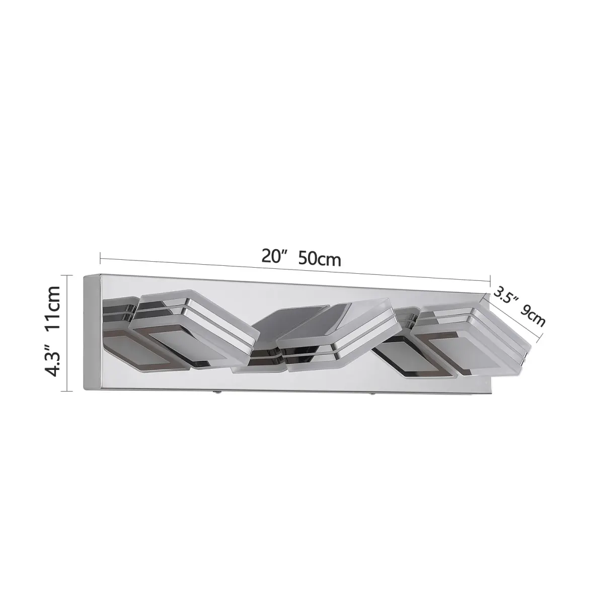 Square acrylic vanity bar, 3 lights, chrome, dimension drawing 1