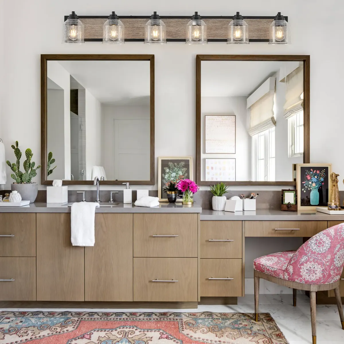 Seeded glass wood vanity bar, 6 lights, black, view 2
