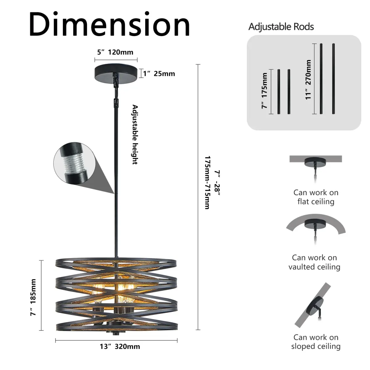3-light wood cage chandelier, walnut, dimension drawing 2