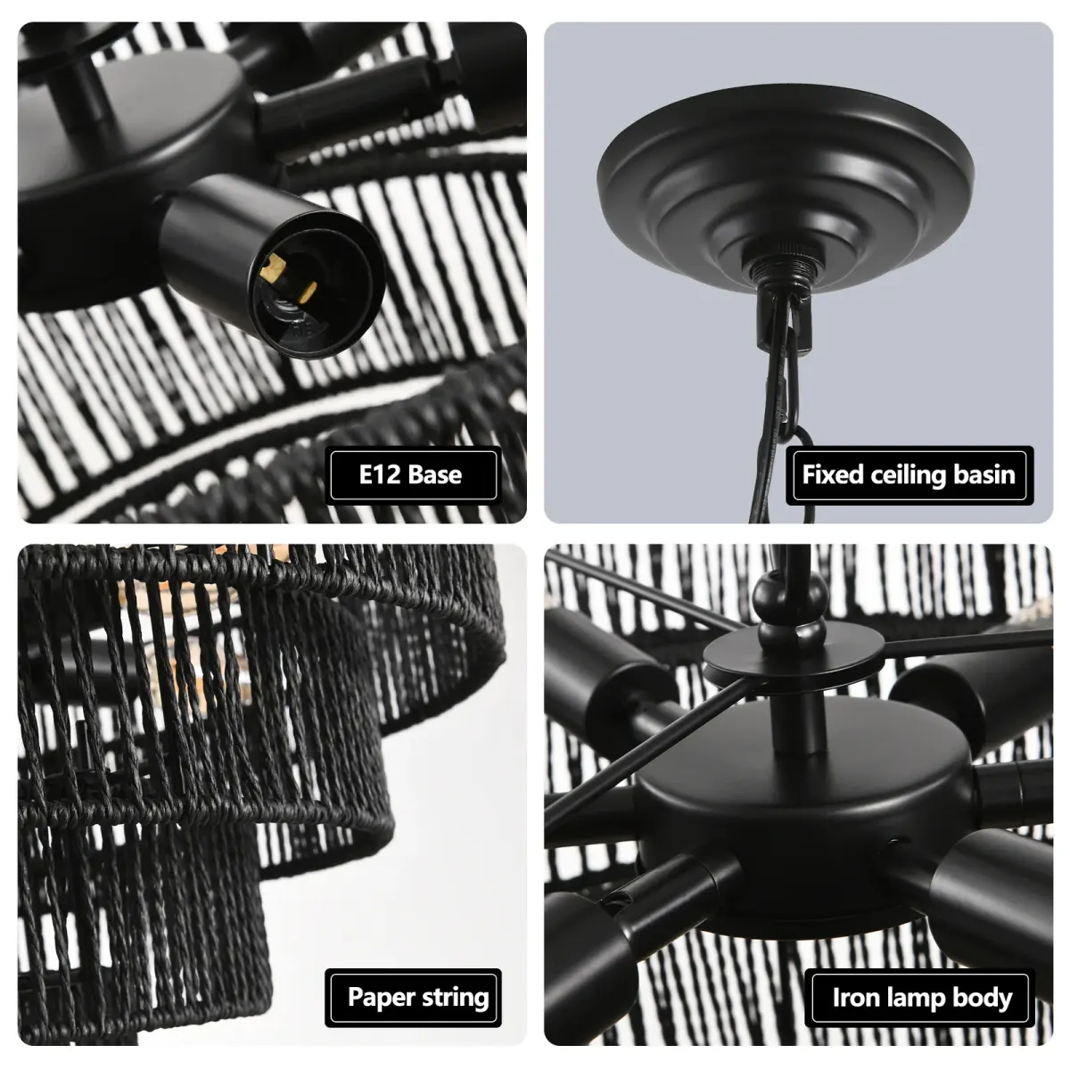 Rope chandelier, 23.6 in, black, view 4