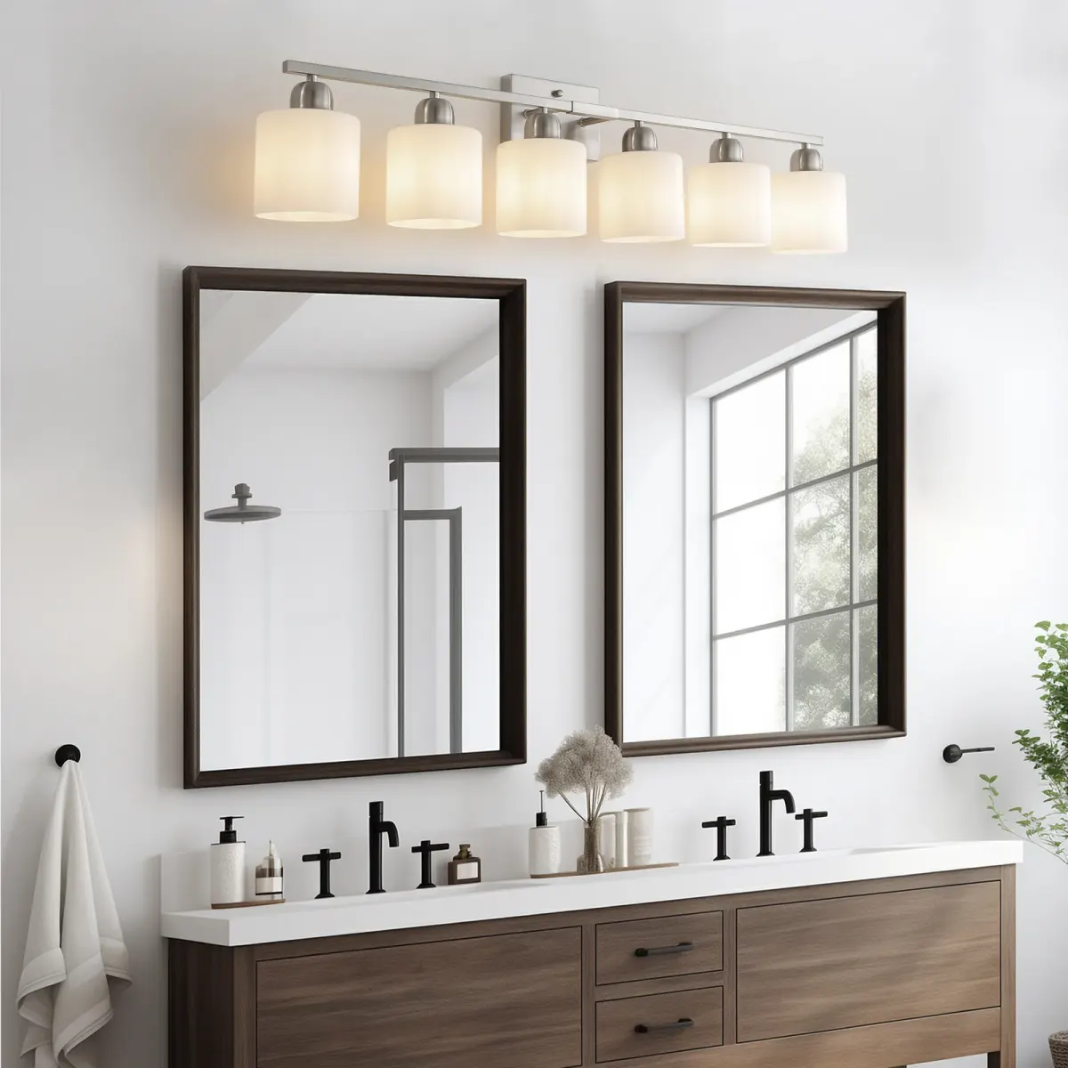Frosted glass vanity bar, 6 lights, chrome