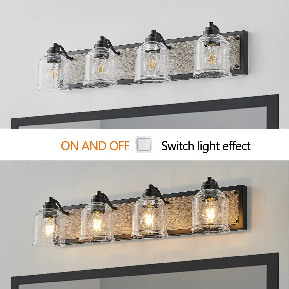 Seeded glass wood vanity bar, 4 lights, black, manufacturer image 2