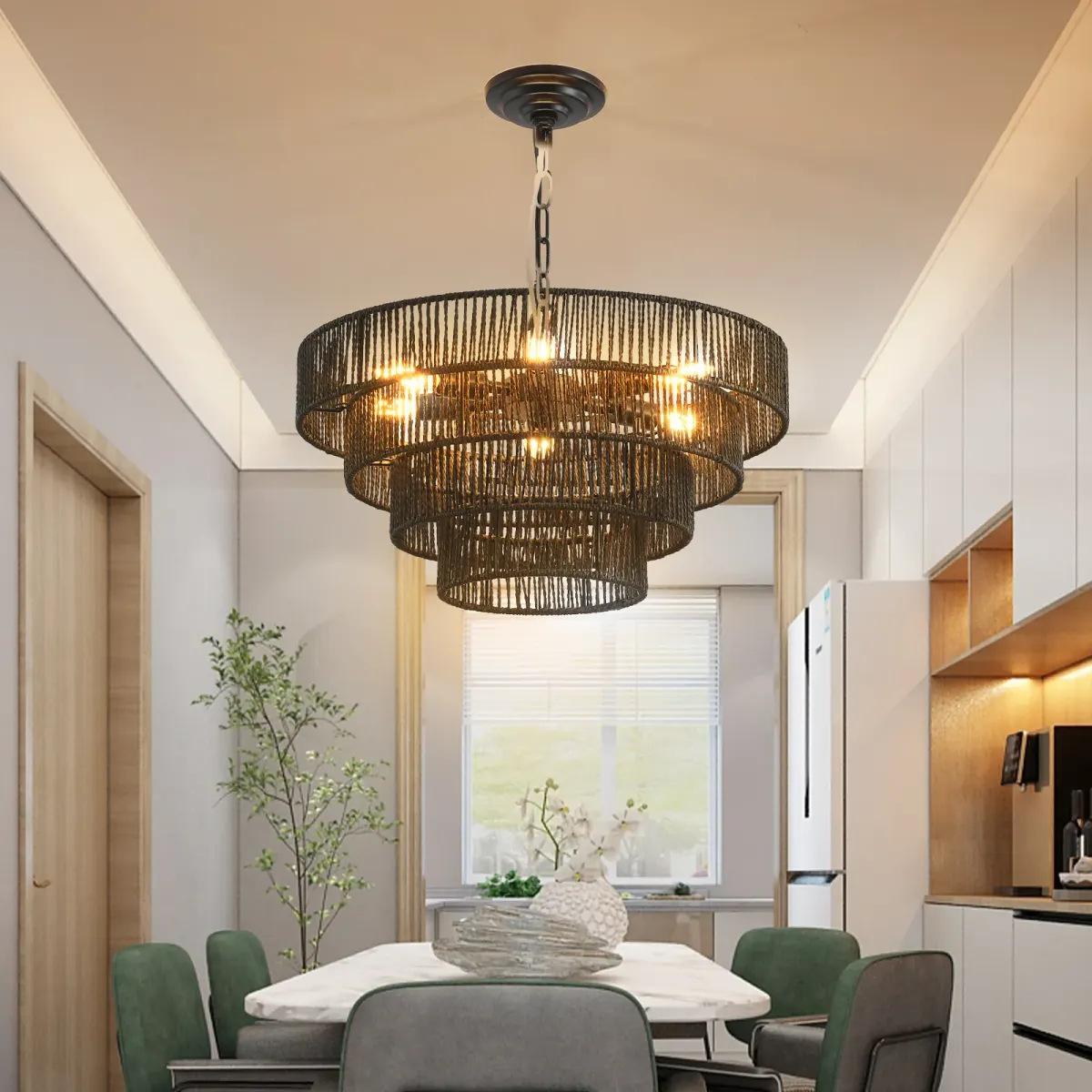 Rope tiered chandelier, 19.7 in, black, view 2