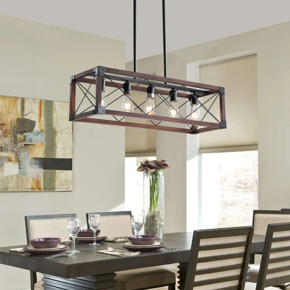 Rectangle pendant chandelier, 5 lights, black,red, view 4