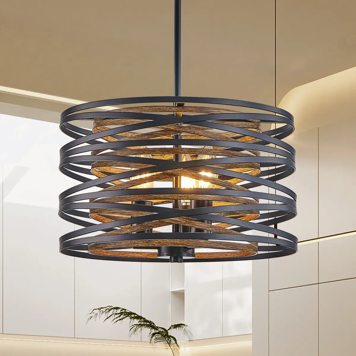 3-light wood cage chandelier, walnut, view 6