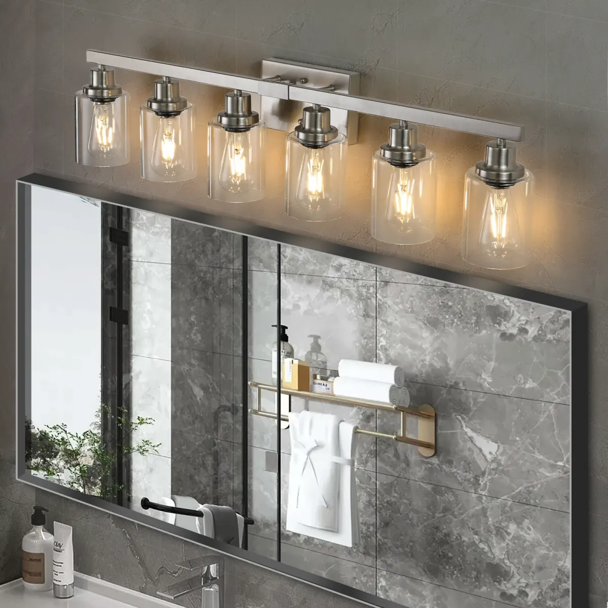 Clear glass vanity bar, 6 lights, chrome, view 2