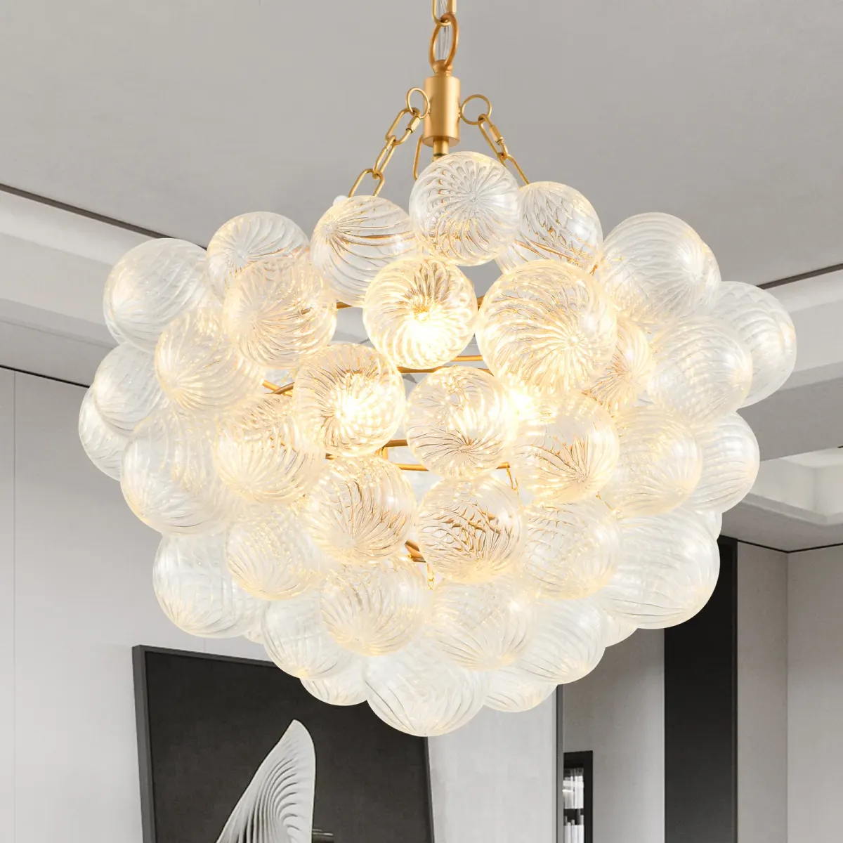 Clear glass glass globe chandelier, 20.1 in, gold, view 2