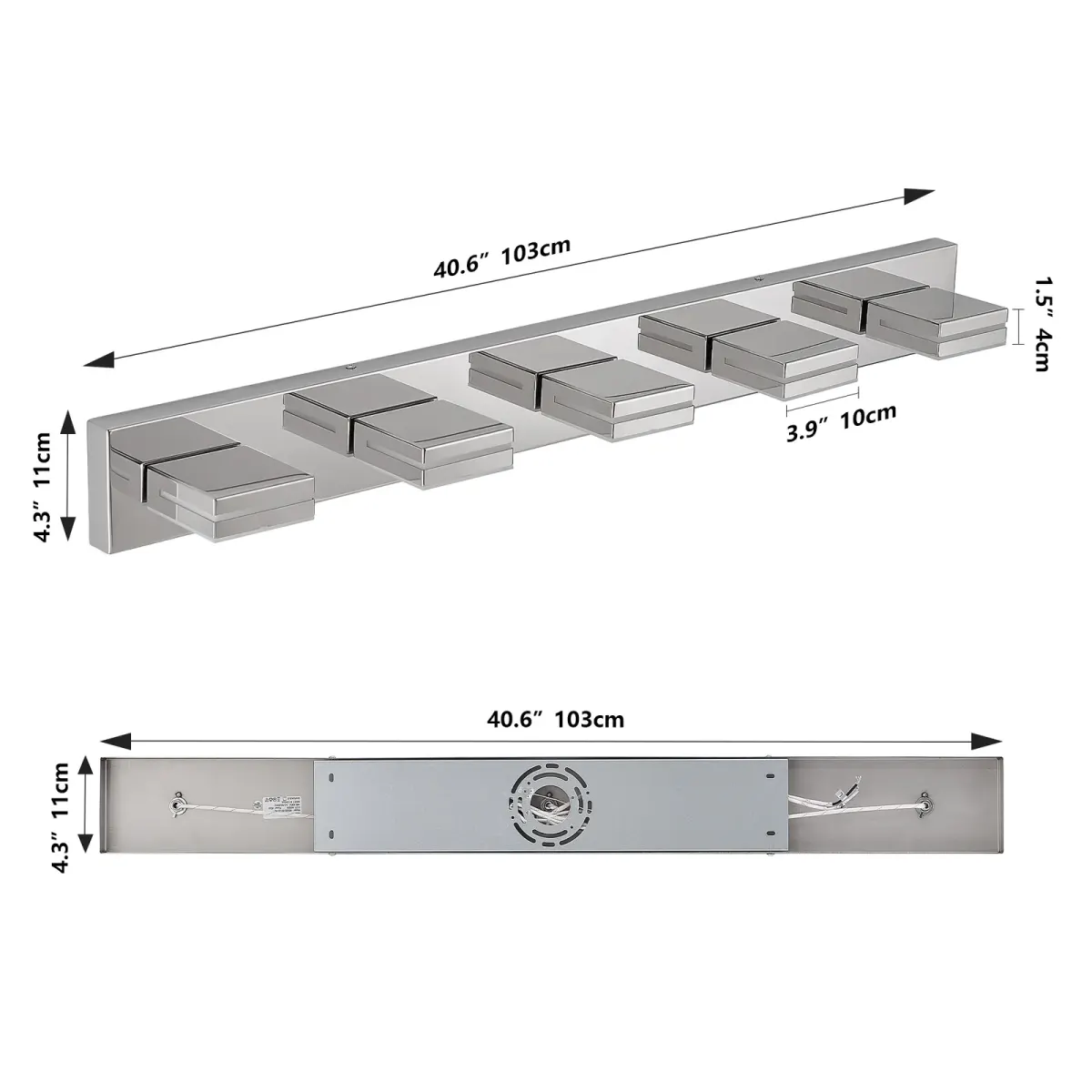 Minimalist LED vanity bar, 5 lights, chrome, dimension drawing 2