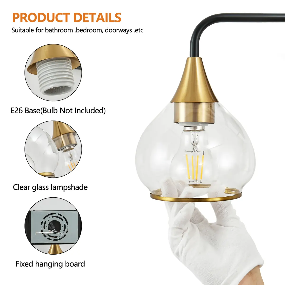 Clear glass vanity bar, 3–6 lights, 22.6–48.1 in, 4 lights, black and gold, manufacturer image 1