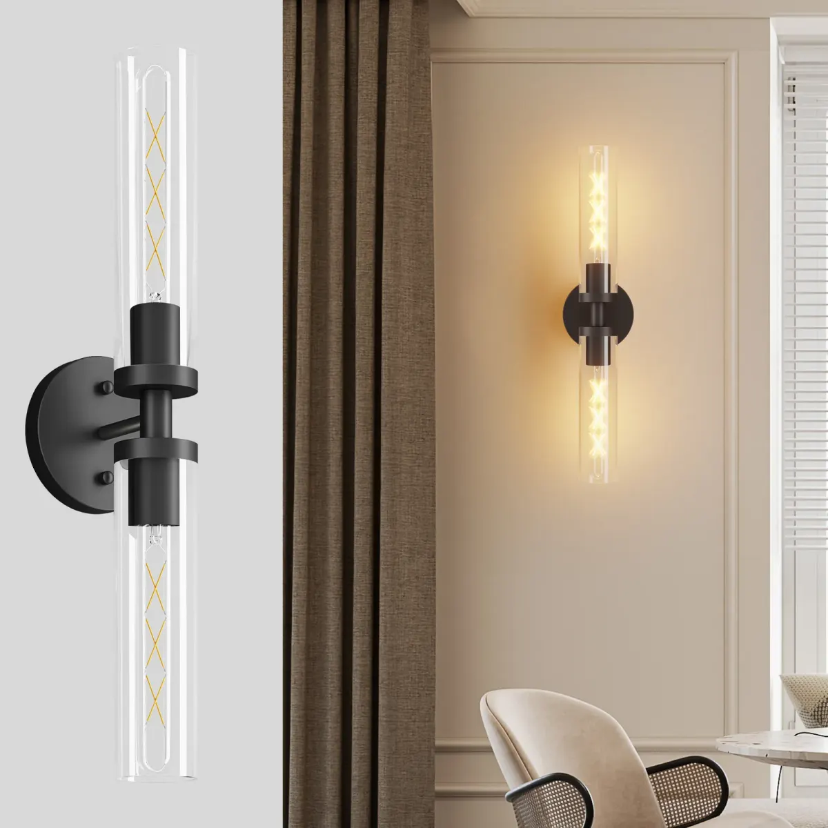 Clear glass wall sconce, 21.7 in, black