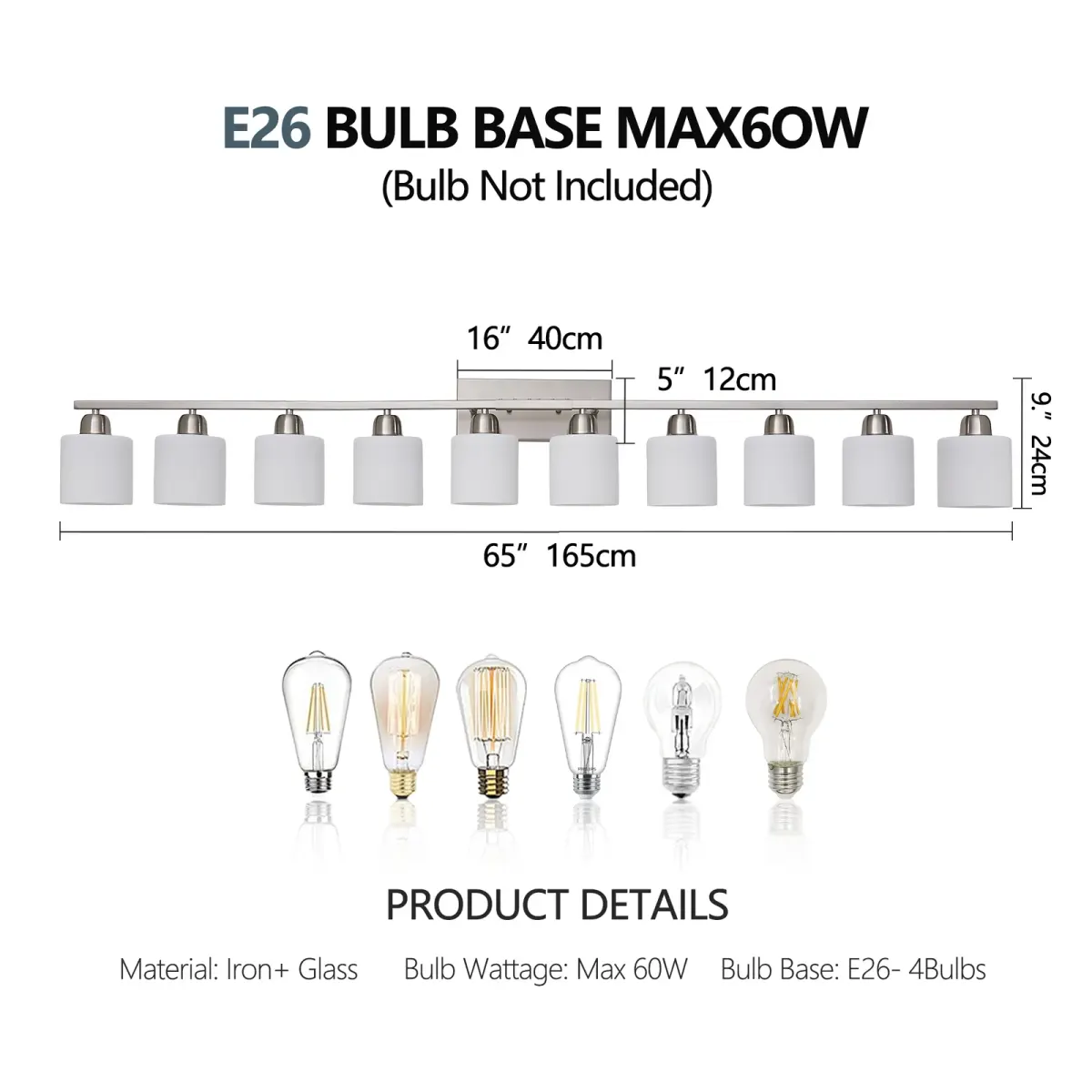 Frosted glass vanity bar, 10 lights, chrome, dimension drawing 2