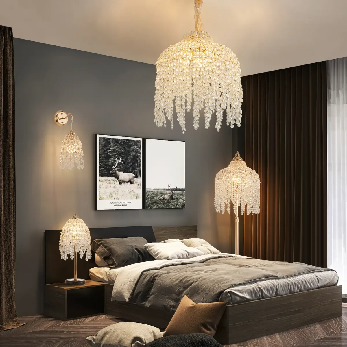 5-light crystal chandelier, gold, view 2