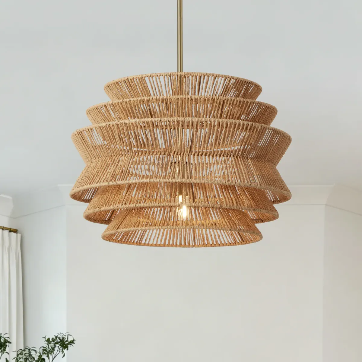 Rattan chandelier, 17.3 in, brown