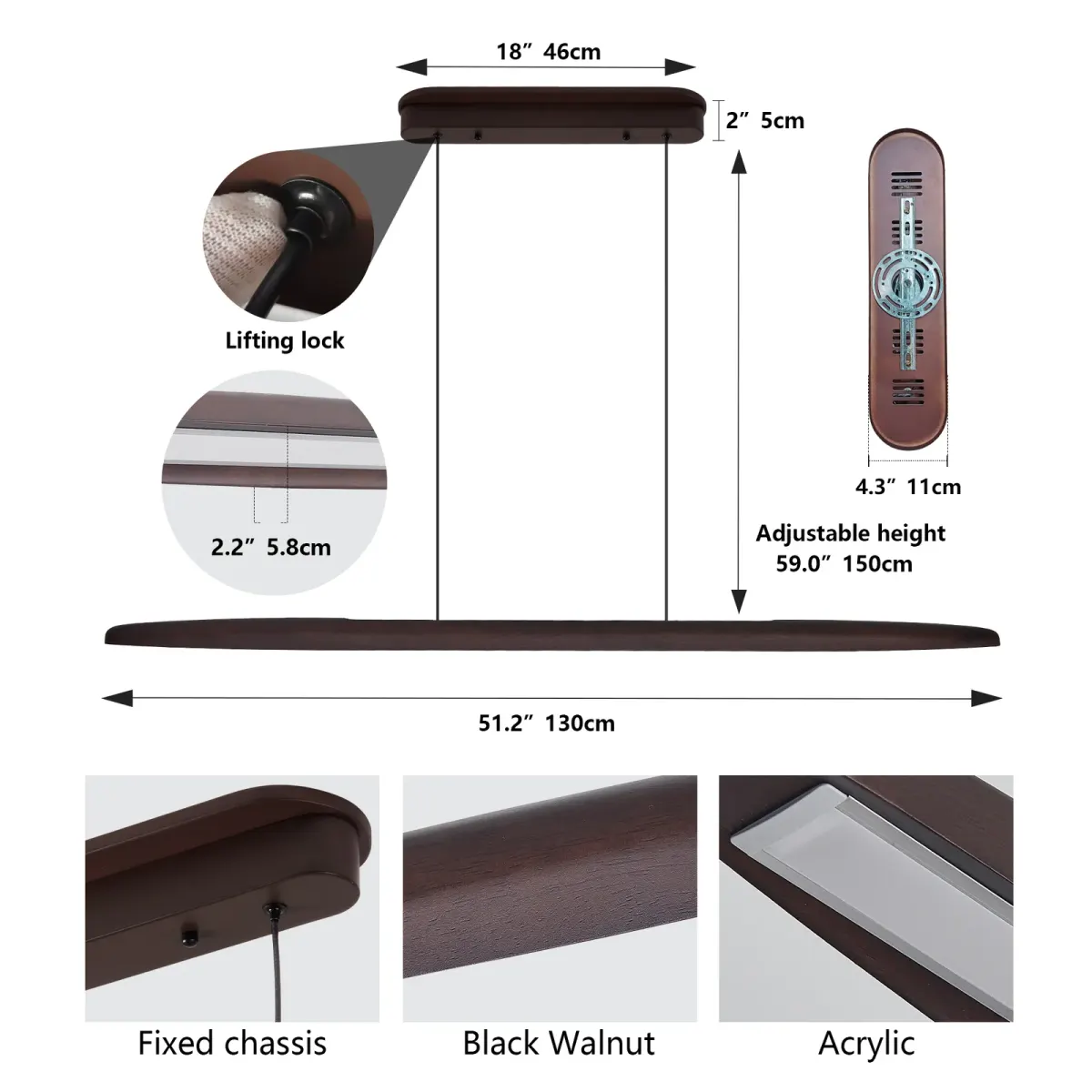 Wood pendant L019001, 51.2 in, walnut, dimension drawing 1