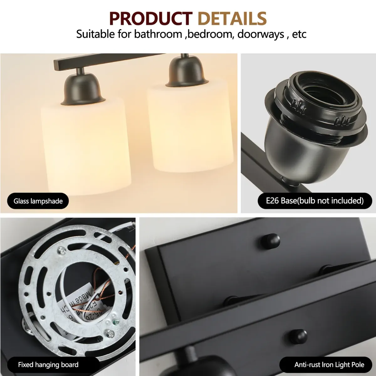 Frosted glass vanity bar, 6 lights, black, manufacturer image 1