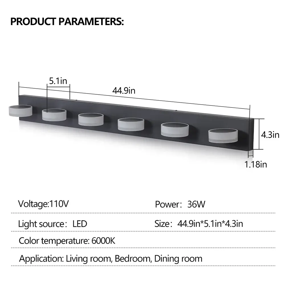 Acrylic shade vanity bar, 6 lights, black, dimension drawing 1