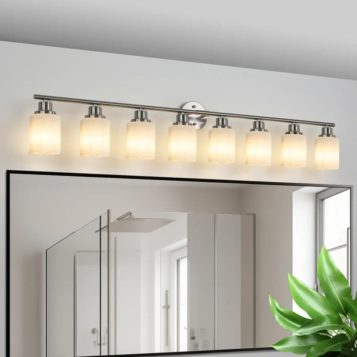 Frosted glass vanity sconce, 8 lights, chrome