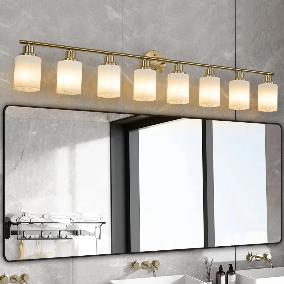 Frosted glass vanity sconce, 8 lights, copper tone