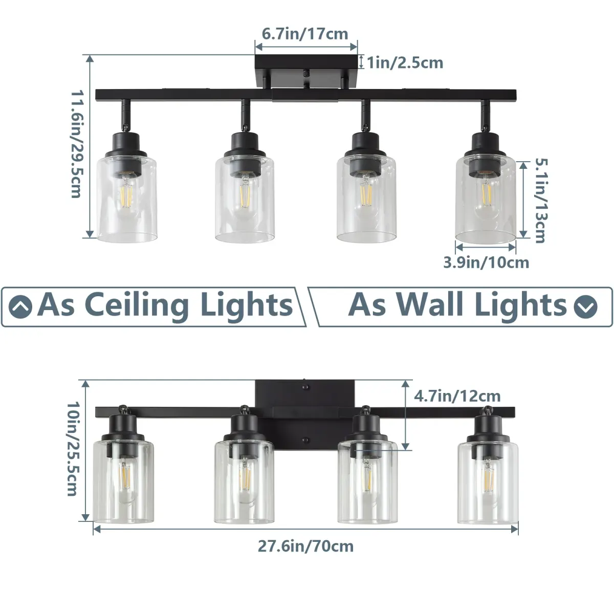 Clear glass semi-flush mount, 4 lights, black, dimension drawing 1