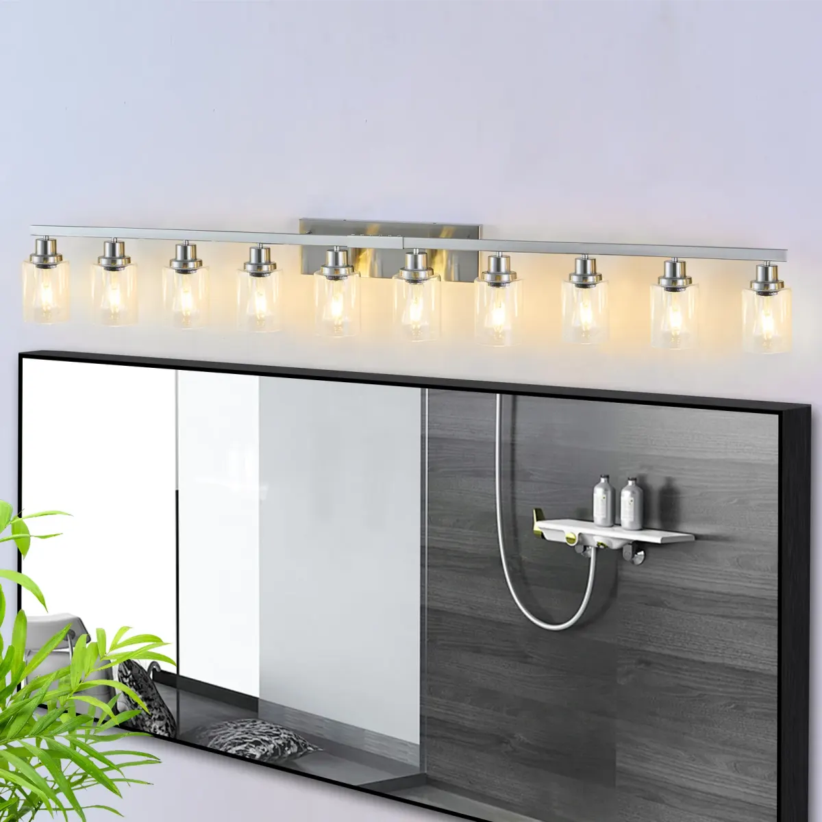 Clear glass vanity bar, 10 lights, chrome