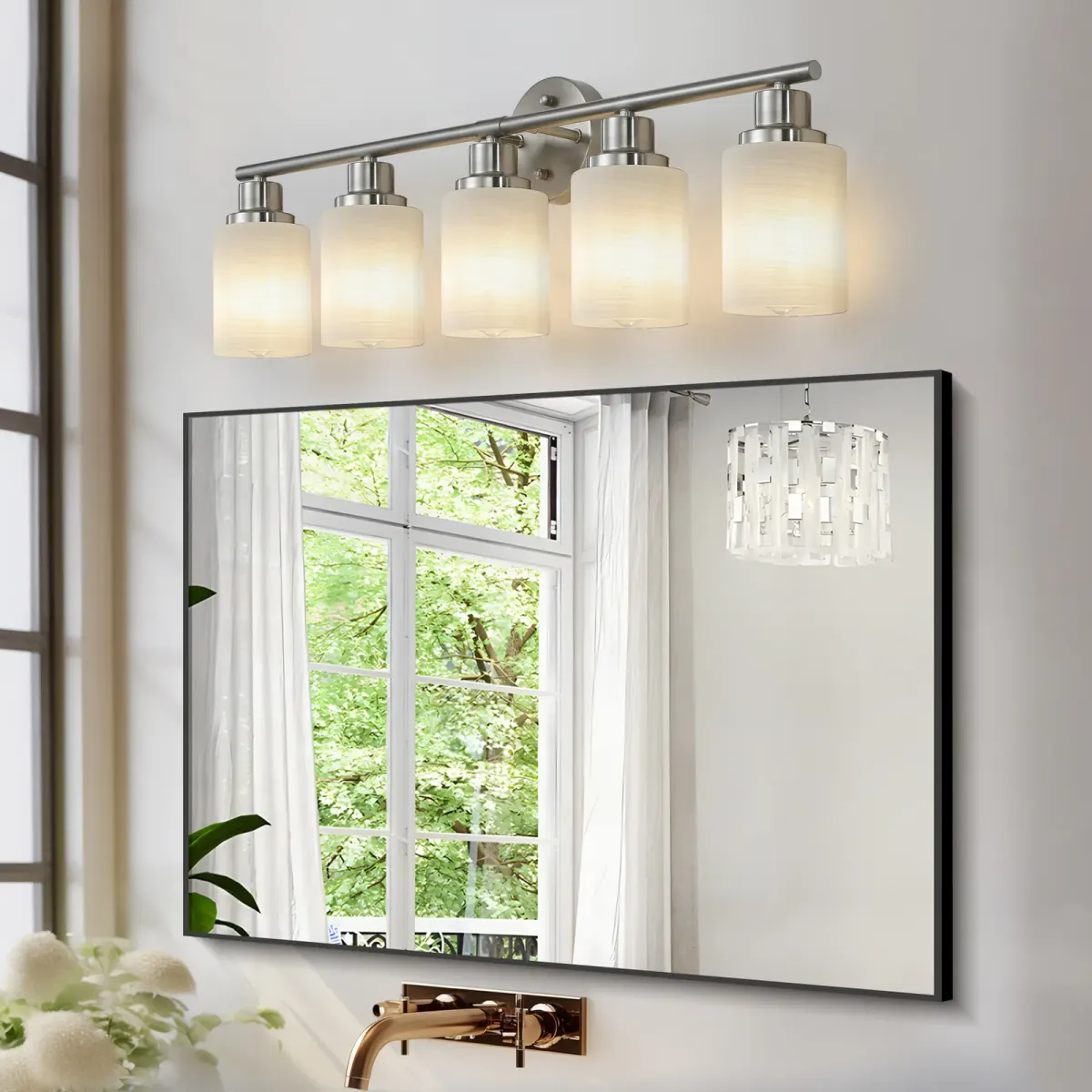 Frosted glass vanity sconce, 5 lights, chrome, view 3