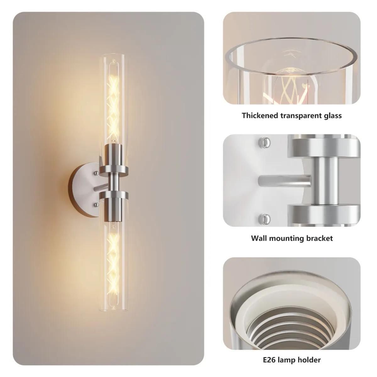 Clear glass wall sconce, 21.7 in, brushed nickel, manufacturer image 1