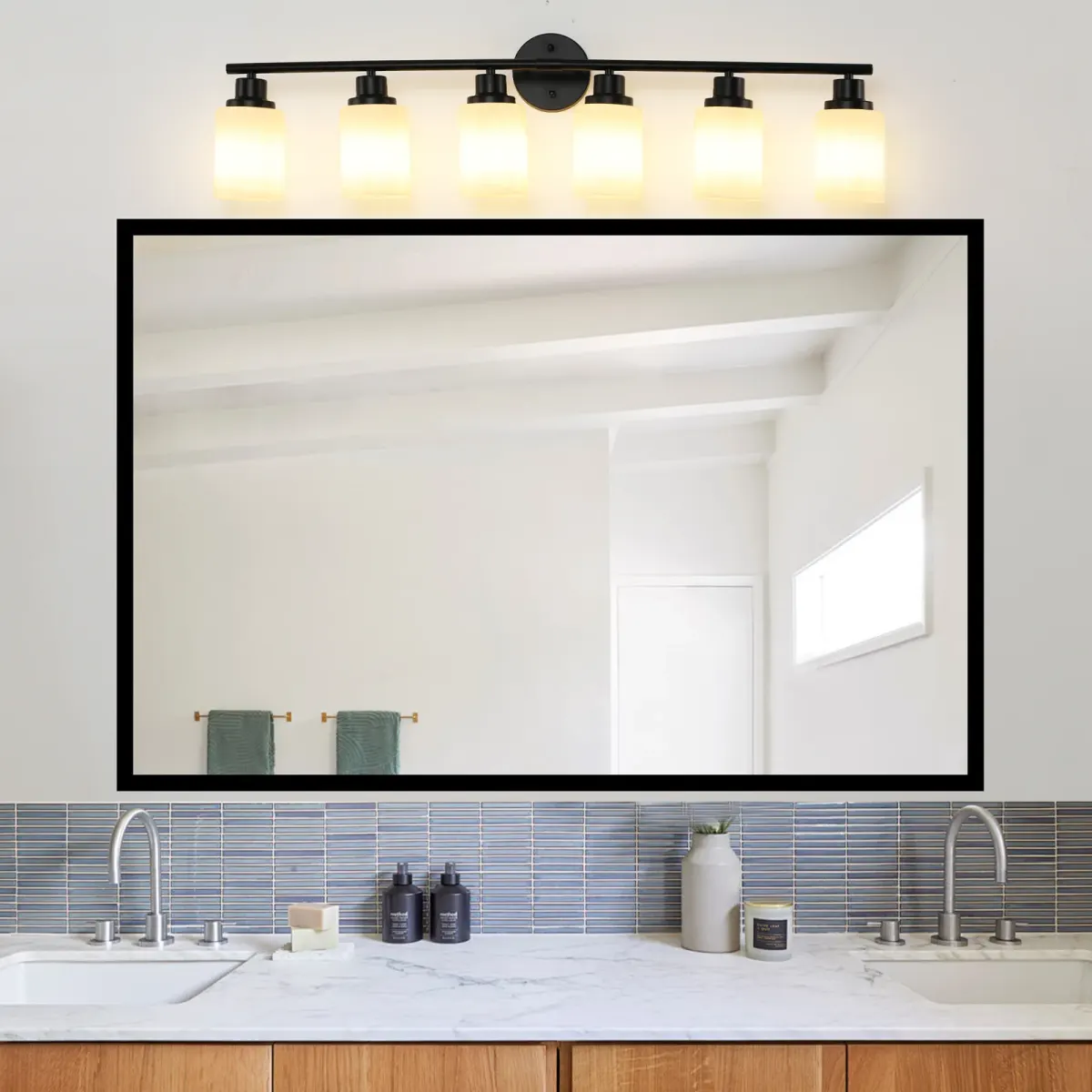 Frosted glass vanity sconce, 6 lights, black, view 2