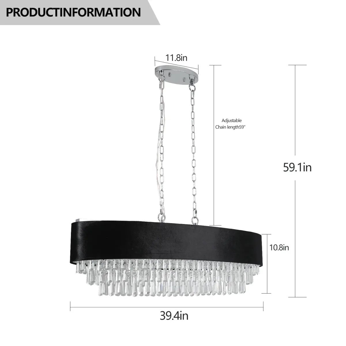 8-light crystal chandelier, black,chrome,transparent, dimension drawing 1