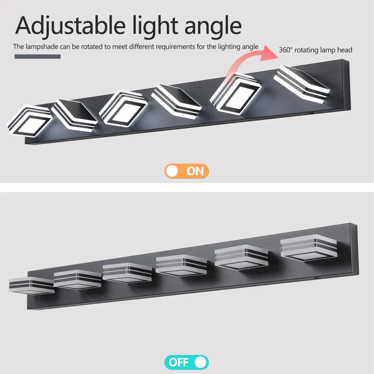 Square acrylic vanity bar, 6 lights, black, view 2