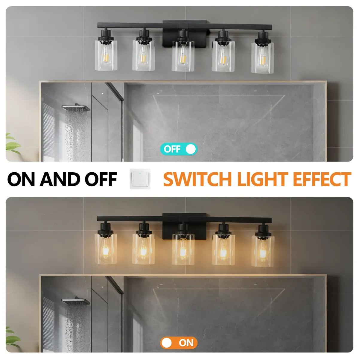 Clear glass vanity bar, 5 lights, black, manufacturer image 2