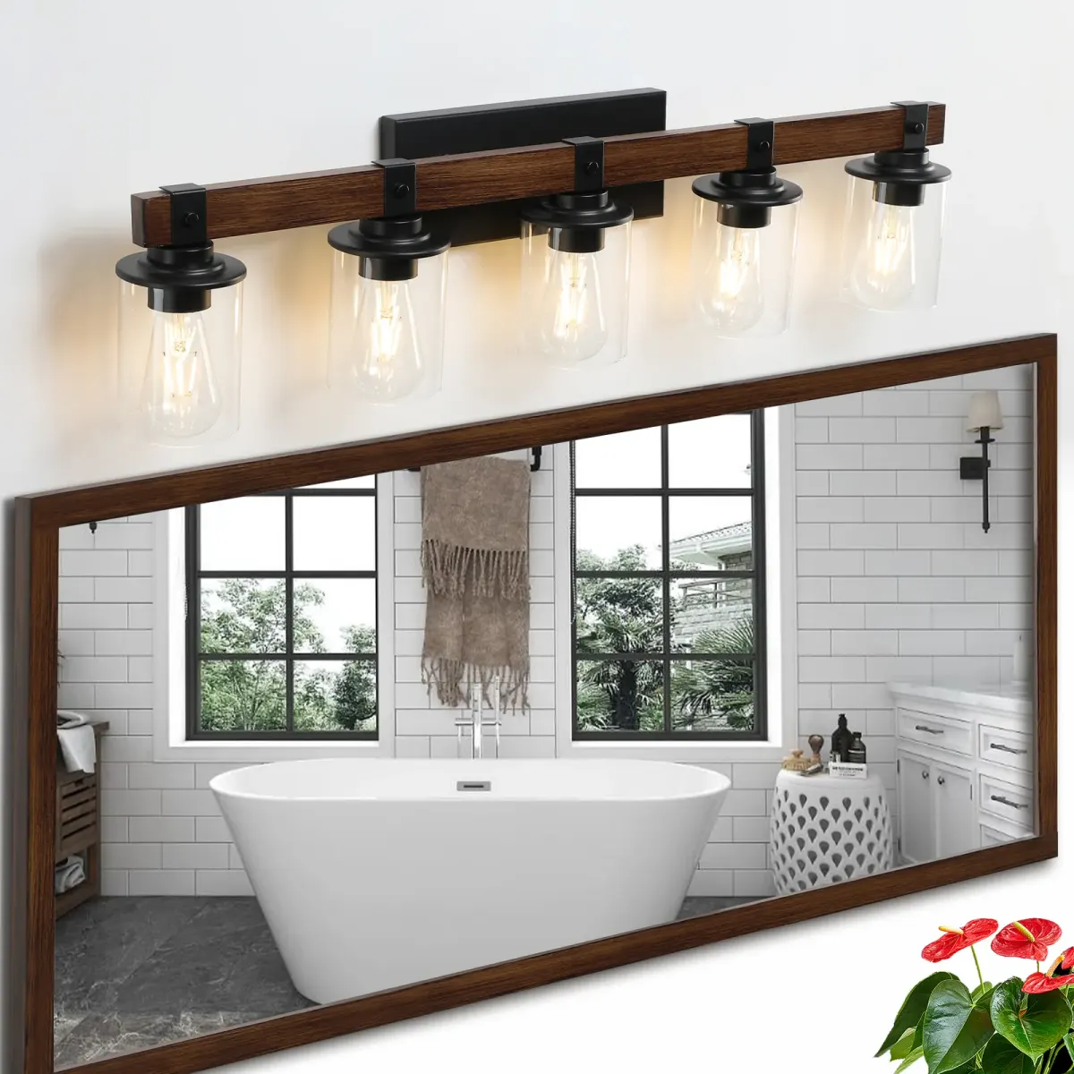 Wood vanity bar, 5 lights, walnut, view 6
