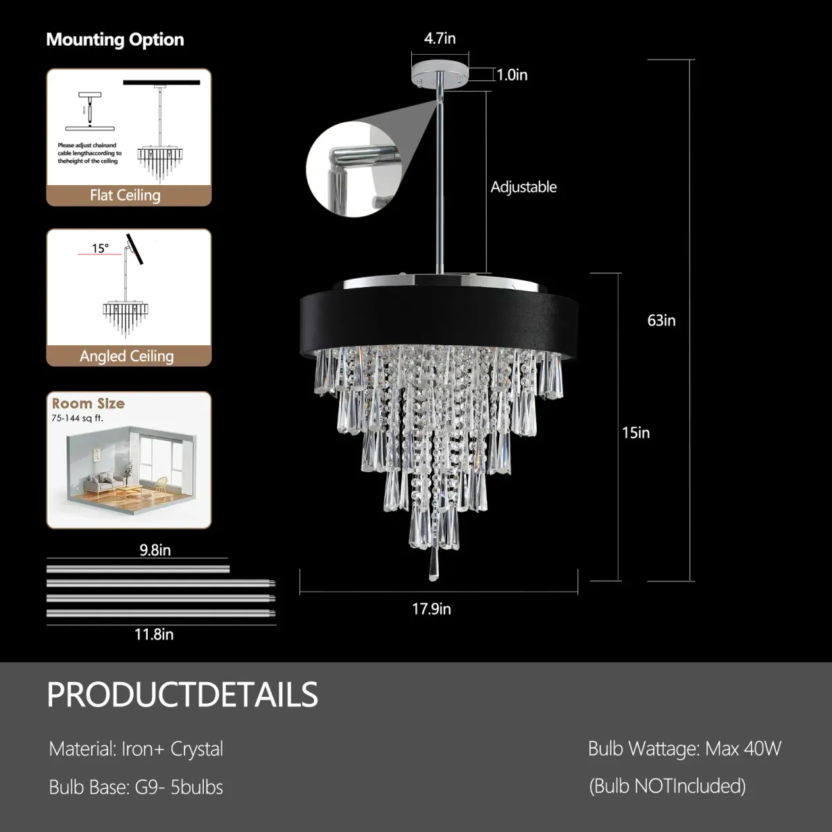 8-light crystal chandelier, 17.9 in, clear, dimension drawing 1