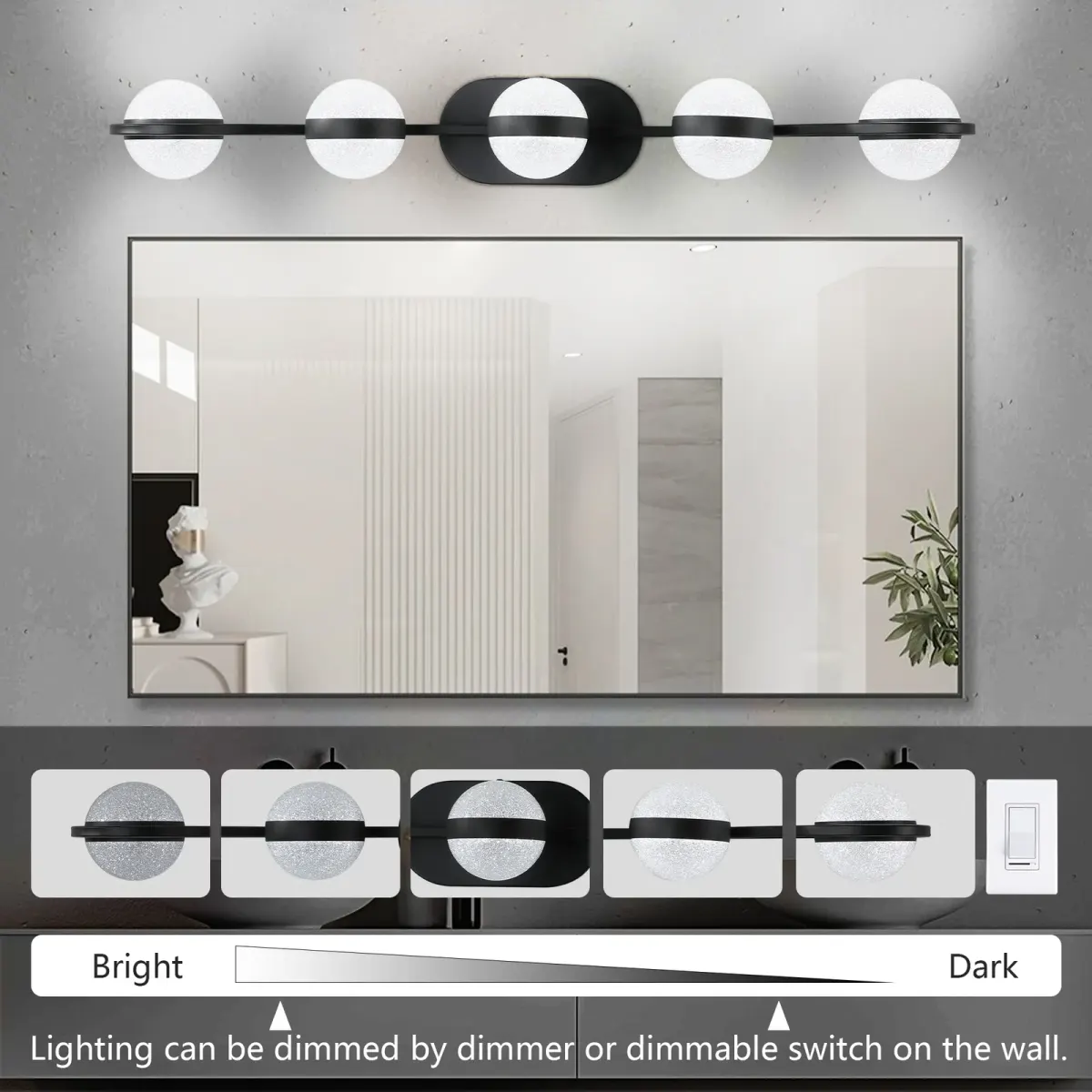 Acrylic crystal vanity bar, 35.4 in, black, manufacturer image 1