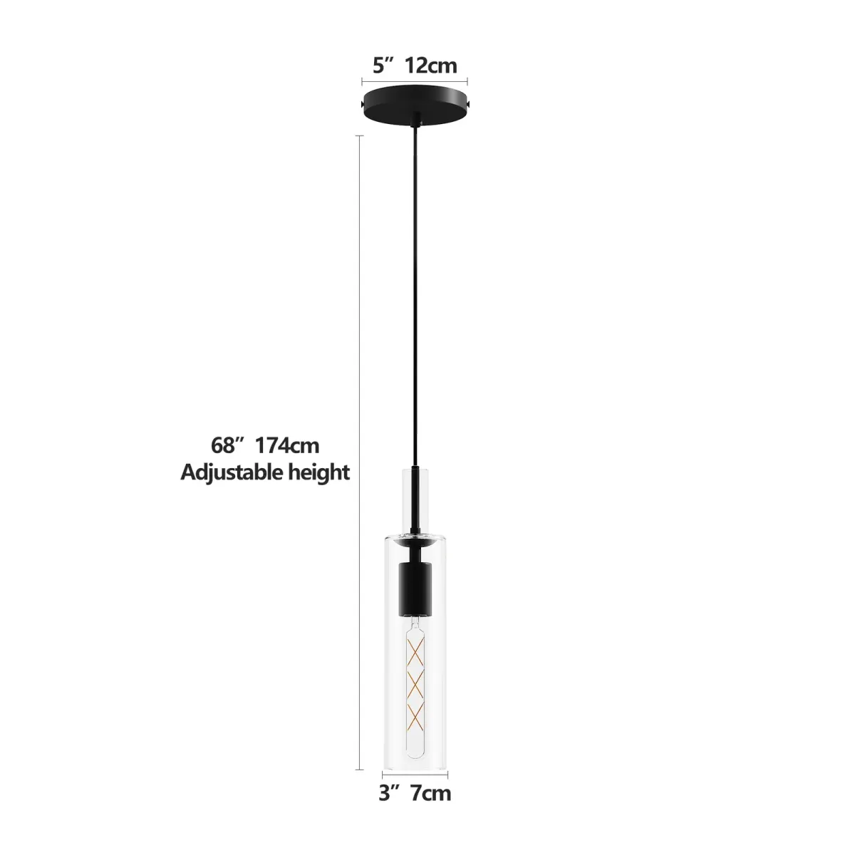 Glass pendant, 3-pack, 2.8 in, black, dimension drawing 1