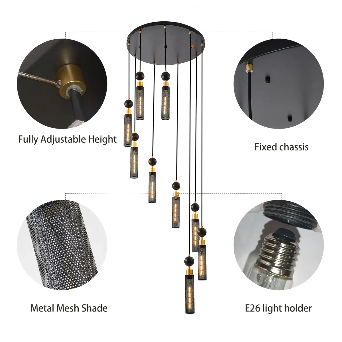 9-light cylinder chandelier, black, manufacturer image 2