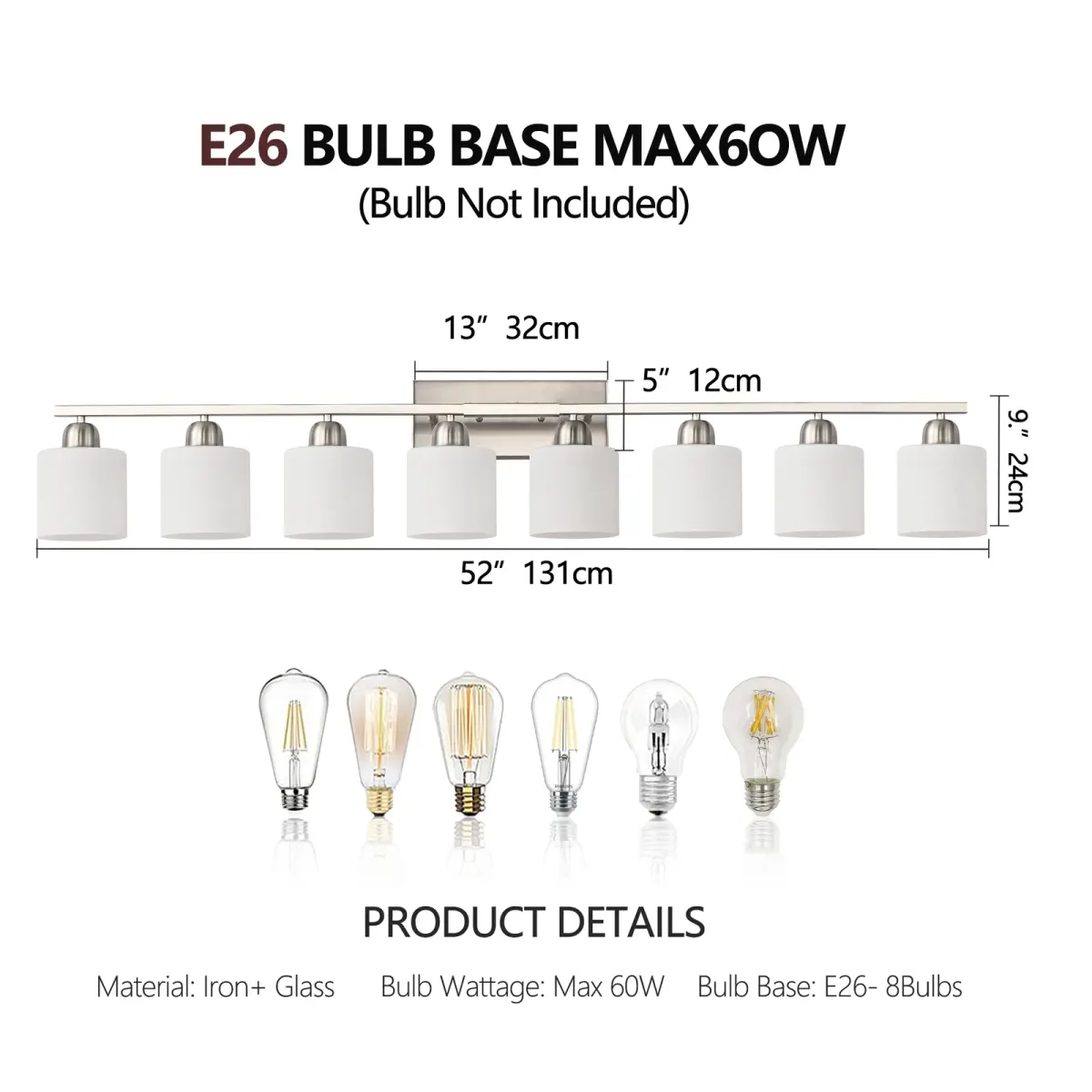 Frosted glass vanity bar, 8 lights, chrome, dimension drawing 1