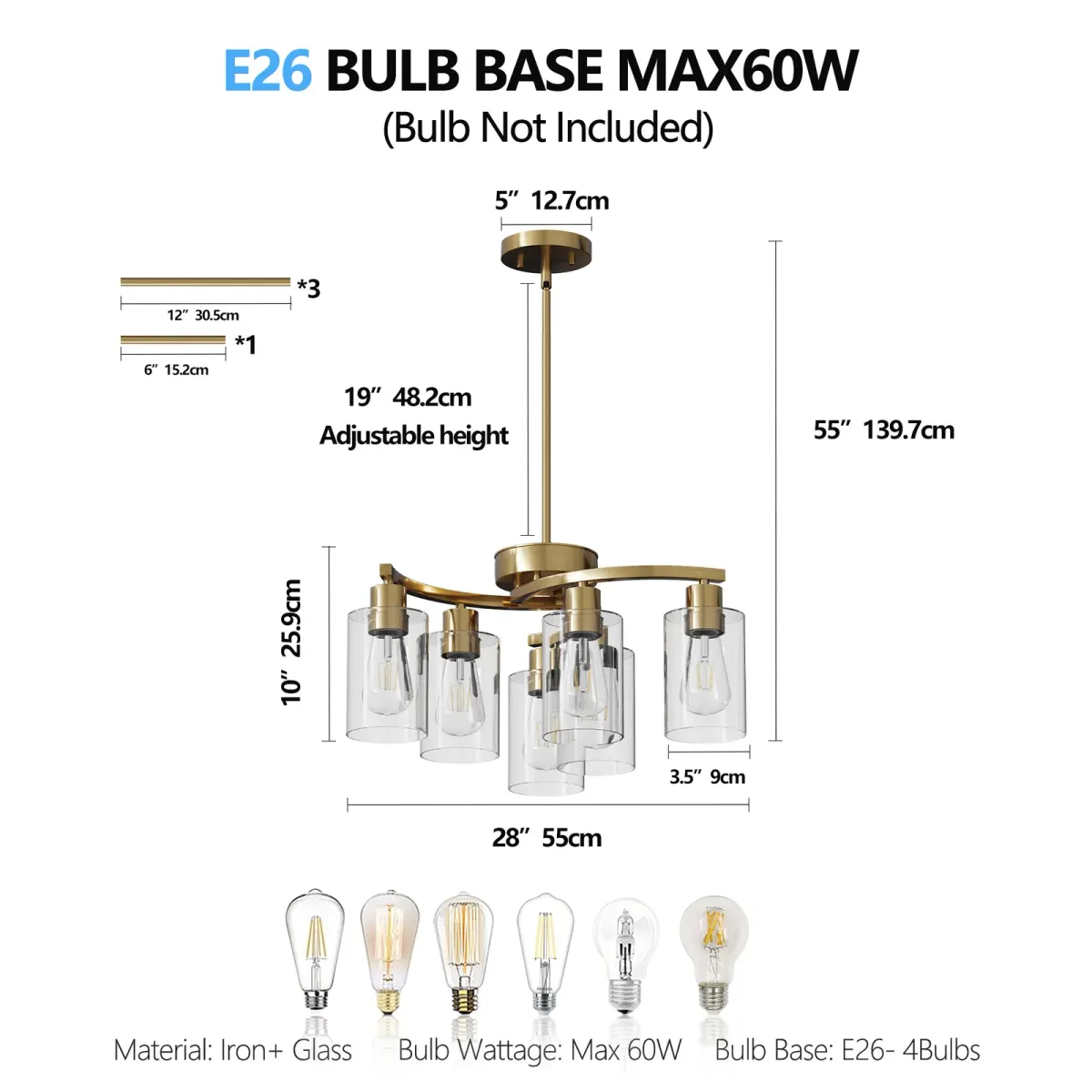 6-light clear glass chandelier, gold, dimension drawing 1