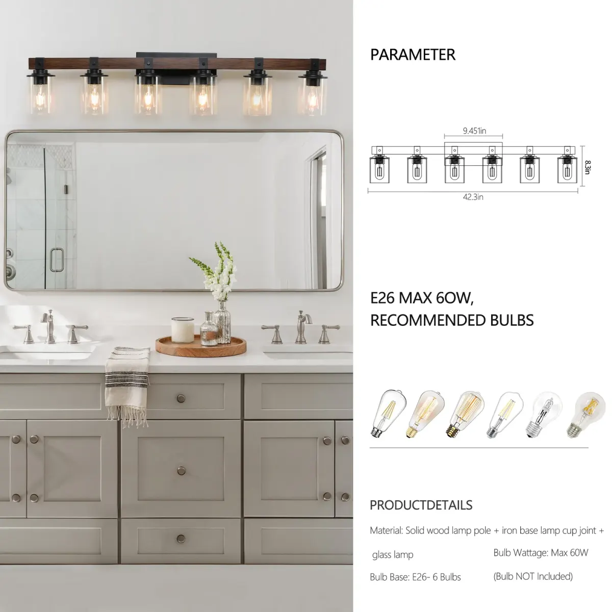 Wood vanity bar, 6 lights, walnut, manufacturer image 2