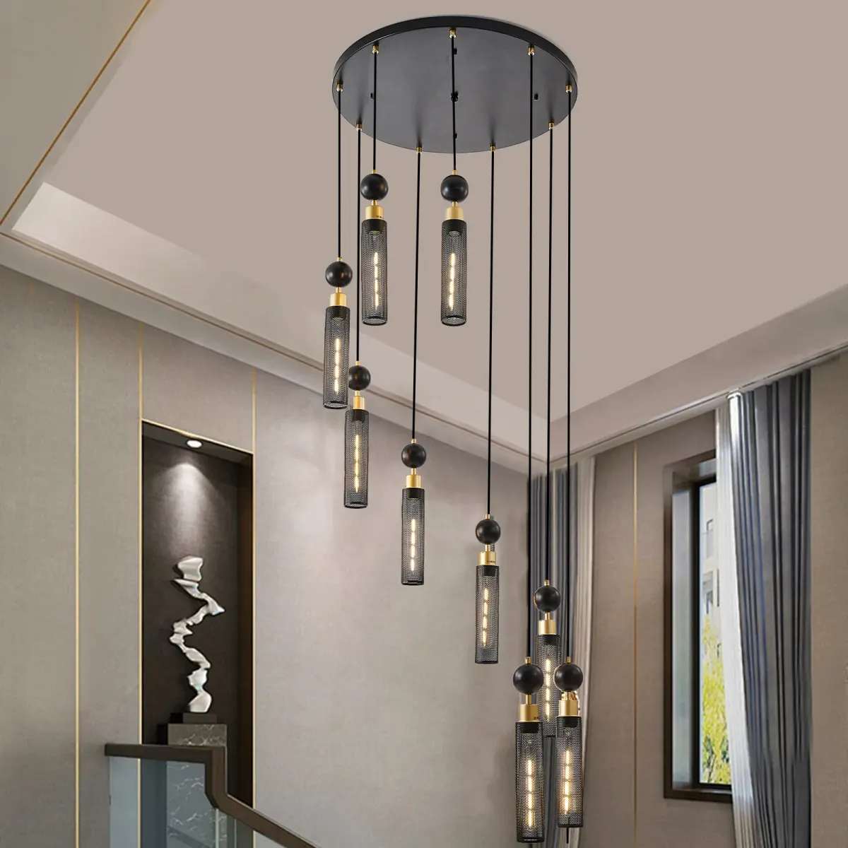 9-light cylinder chandelier, black, view 4