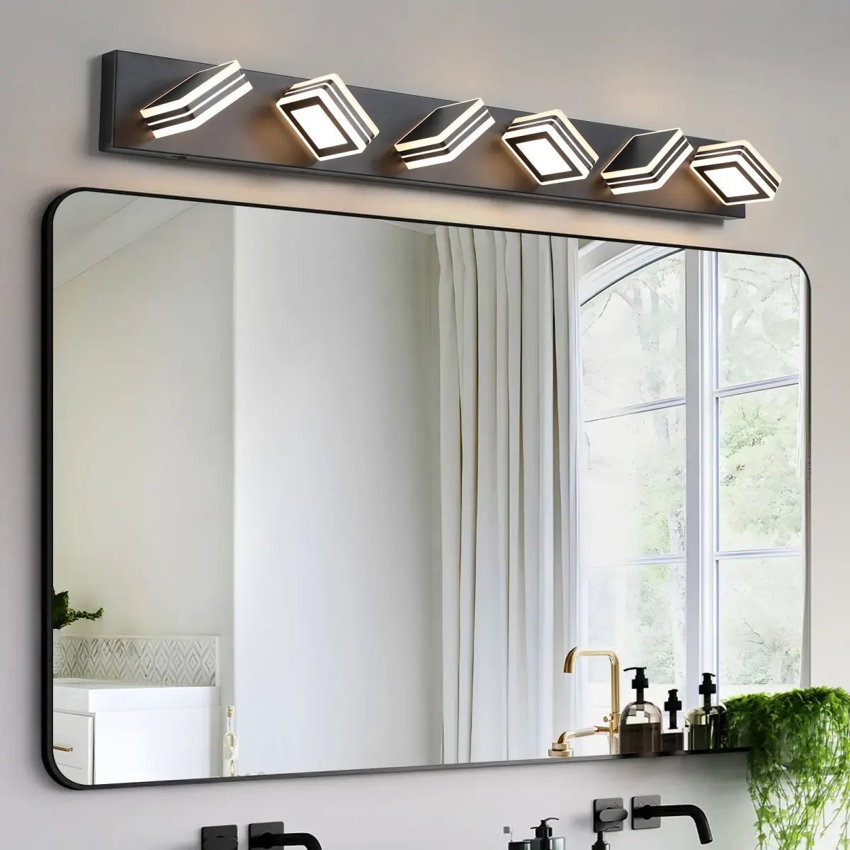 Square acrylic vanity bar, 6 lights, black