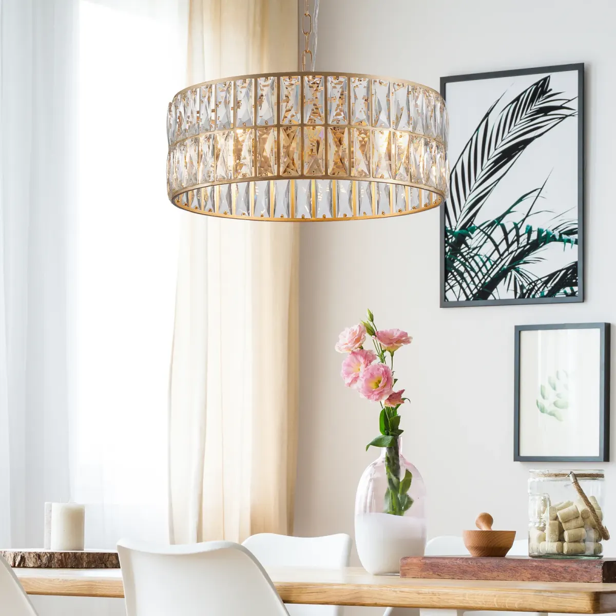 6-light crystal drum chandelier, gold